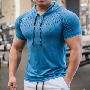 Men Running Hoodies Bodybuilding Sport Hooded Short Sleeve